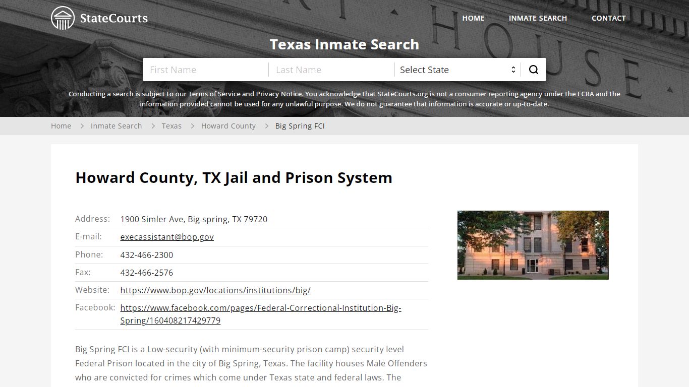 Big Spring FCI Inmate Records Search, Texas - StateCourts